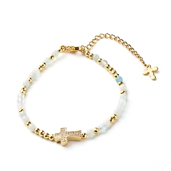 Cross Cubic Zirconia Beaded Bracelet for Girl Women, Natural Aquamarine & Brass Beads Bracelet, Golden, 7-5/8 inch(19.5cm)