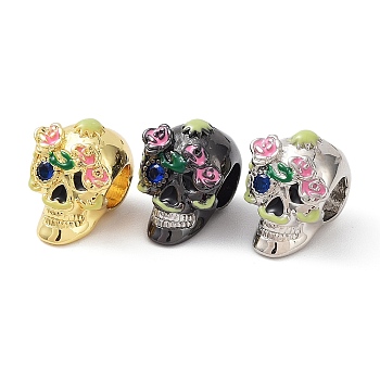 Rack Plating Brass European Beads, with Cubic Zirconia & Enamel, Large Hole Beads, Lead Free & Cadmium Free, Long-Lasting Plated, Sugar Skull for Mexico Day of the Dead, Mixed Color, 12x9x10mm, Hole: 4mm