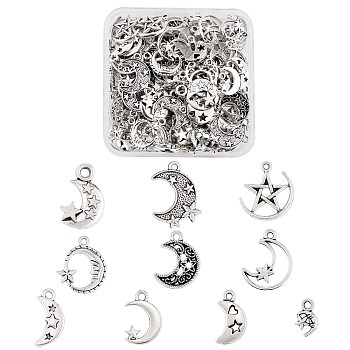 100Pcs 10 Style Tibetan Style Alloy Pendants, Moon with Star, Antique Silver, 17~22x7~18x1~3mm, Hole: 1.4~2mm, 10pcs/style