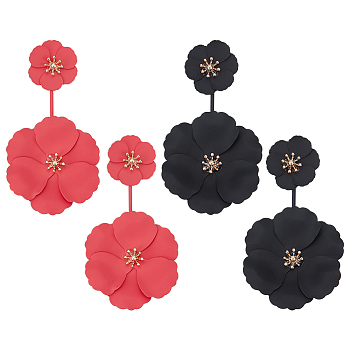 2 Pairs 2 Colors Alloy Double Flower Dangle Stud Earrings, Iron Long Drop Earrings for Women, Mixed Color, 80mm, Pin: 0.8mm, 1 Pair/color