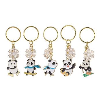 Snowflake & Panda Alloy Enamel Pendant Keychains, with Iron Split Key Rings, Golden, 8.1~82cm, Pendant: 27~30x20~27x1.3~1.7mm