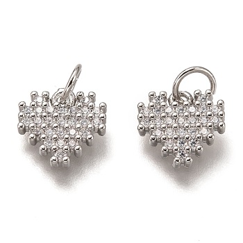 Brass Micro Pave Clear Cubic Zirconia Charms, Cadmium Free & Lead Free, Long-Lasting Plated, Heart, Platinum, 9x10x2mm, Hole: 3mm