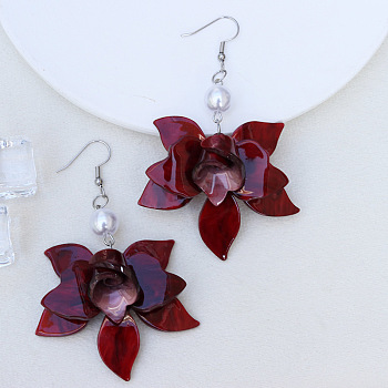 Bohemian Style Petal Patchwork Acrylic Flower Earrings with Water Ripple Design, Dark Red