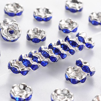 Rhinestone Spacer Beads, Grade A, Sapphire Rhinestone, Silver Color Plated, Nickel Free, about 6mm in diameter, 3mm thick, hole: 1mm