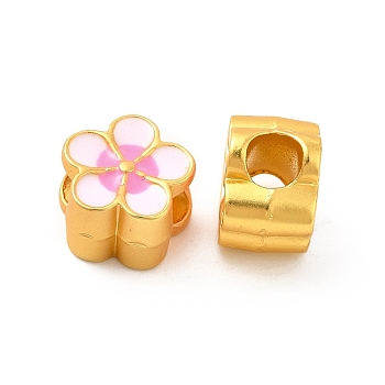 Rack Plating Alloy Enamel European Beads, Large Hole Beads, Lead Free & Cadmium Free & Nickel Free, Flower, Matte Gold Color, 10x10.2x7mm, Hole: 4.2mm