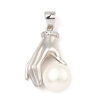 Rhodium Plated 925 Sterling Silver Pendants, with Natural Pearl Beads, Hand Charms, with S925 Stamp, Real Platinum Plated, 21x14x7mm, Hole: 5x3.5mm