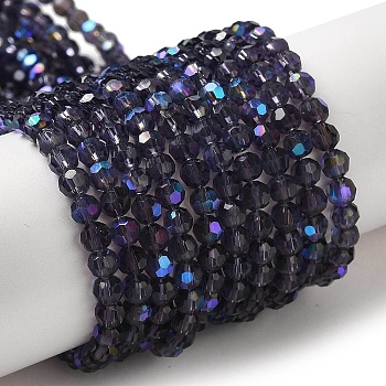 Electroplate Transparent Glass Beads Strands, Faceted, Round, Rainbow Plated, Violet, 4mm, Hole: 0.7mm, about 88~95pcs/strand, 12.99~14.06 inch(33~35.7cm)