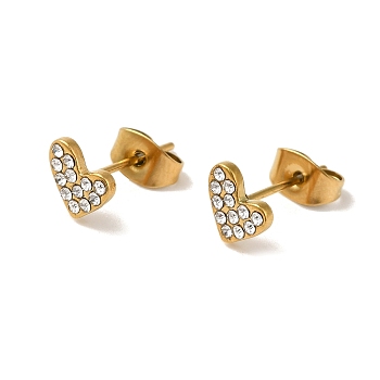 304 Stainless Steel Crystal Rhinestone Stud Earrings for Women, Golden, Heart, 6x7mm