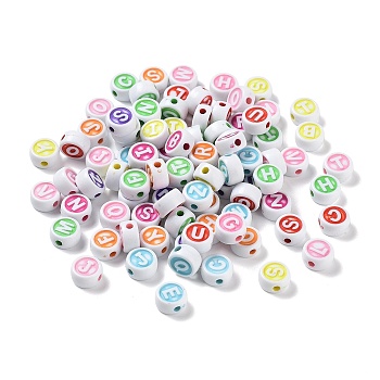 Craft Style Opaque Acrylic Beads, Flat Round with Letter, Mixed Color, 9.5x5mm, Hole: 2mm, about 1315pcs/500g