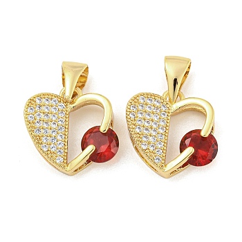 Brass Micro Pave Red Cubic Zirconia Pendants, Heart, Real 18K Gold Plated, 14.5x14.5x5mm, Hole: 6x3.5mm