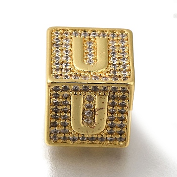 Brass Cubic Zirconia Beads, Letter U, Square, Letter U, 9.5x9.5x9.5mm, Hole: 6mm