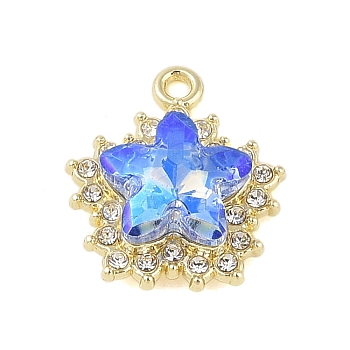 Rack Plating Alloy with Rhinestone Pendants, Star, Golden, Cornflower Blue, 20x17x6mm, Hole: 2mm