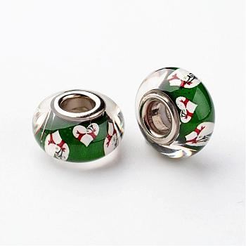 Large Hole Rondelle Resin European Beads, with Platinum Tone Brass Double Cores, Christmas, Dark Green, 14x8mm, Hole: 5mm