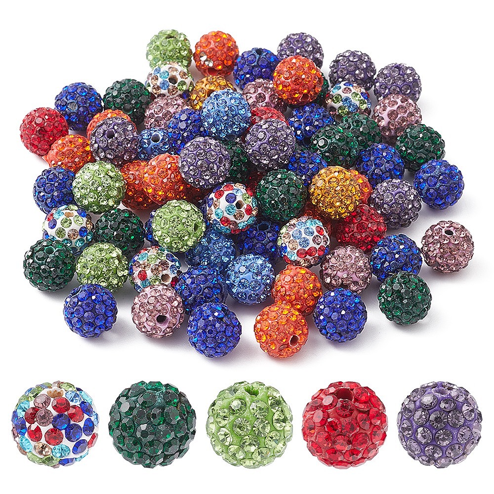 Pave Disco Ball Beads, Polymer Clay Rhinestone Beads, Round, Crystal,  PP13(1.9~2mm), 6 Rows Rhinestone, 10mm, Hole: 1.5mm