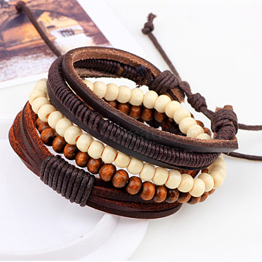 Регулируемый плетеный кожаный шнур деревянные бисерные многожильных браслеты(BJEW-P0001-15)-3