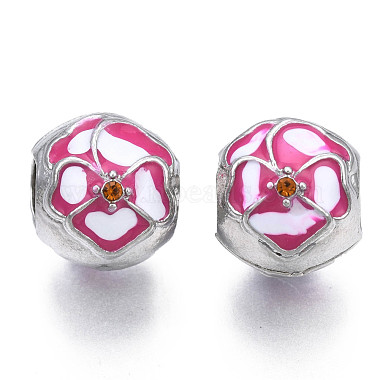 Hot Pink Flower Alloy Rhinestone+Enamel European Beads