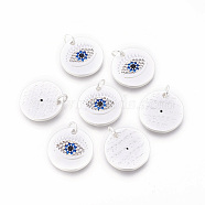Brass Micro Pave Cubic Zirconia Pendants, Flat Round with Eye, Colorful, Matte Silver, 16.5x1.8mm, Hole: 3~3.5mm(ZIRC-F095-09MS)
