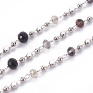 Handmade Glass Beaded Chains, Soldered, with Brass Chains and Beads, Long-Lasting Plated, with Spool, Faceted Rondelle, Real Platinum Plated, Black, 1.5x1.5x1.5mm, about 32.8 Feet(10m)/roll(CHC-K007-G04-P)