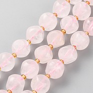 Natural Madagascar Rose Quartz Beads Strands, with Seed Beads, Six Sided Celestial Dice, Faceted, 10~10.5x10~10.5mm, Hole: 1mm, about 17pcs/strand, 7.99 inch(20.3cm)(G-A030-B35-10mm-A)