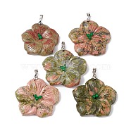 Natural Unakite Big Pendants, Peach Blossom Charms, with Platinum Plated Alloy Snap on Bails, 57x48x9mm, Hole: 6x4mm(G-B040-01P-05)