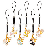 Cow & Flower Alloy Enamel Pendant Decoration, with Nylon Cord Loops and Iron Bell Charms, Mixed Color, 105mm, 6 colors, 1pc/color, 6pcs/set(HJEW-AB00481)