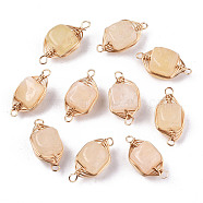Natural Agate Links Connectors, Light Gold Tone Brass Wire Wrapped, Cube, Blanched Almond, 17x8.5x7mm, Hole: 1.6mm(G-T131-99G)