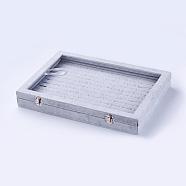 Wood Ring Displays, with Ice Plush inside and Covered with Glass, Rectangle, Gray, 35.3x24.2x4.7cm(RDIS-G005-15A)