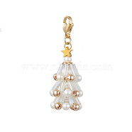 Christmas Tree Glass & Shell Pearl Pendant Decorations, Lobster Claw Clasps Charm for Bag Key Chain Ornaments, Clear, 48mm(HJEW-TA00182-02)