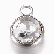 Glass Charms, Faceted, with 304 Stainless Steel Findings, Flat Round, Clear, 14x10x6.5mm, Hole: 2.5mm(GLAA-G019-P02)