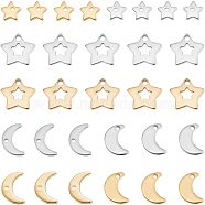 80Pcs 8 Style 304/201 Stainless Steel Charms, Star & Moon, Golden & Stainless Steel Color, 5.5~11.5x6~11x0.5~1mm, hole: 1~2mm, 10pcs/style(STAS-FH0001-41)