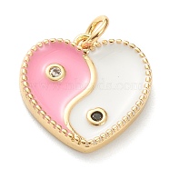 Brass Micro Pave Cubic Zirconia Pendants, with Enamel, Long-Lasting Plated, Real 18K Gold Plated, Heart with Yin Yang, Pink, 15x15x2.5mm, Hole: 3mm(ZIRC-P200-13G-G)