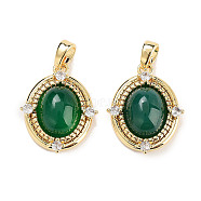 Brass Pave Clear Cubic Zirconia Pendants, Dyed Natural Green Agate Oval Charms, Real 18K Gold Plated, 18.5x14.5x6mm, Hole: 2.7x4mm(KK-C051-58G)