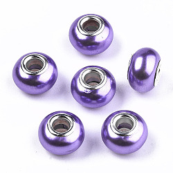 Imitation Pearl Style Resin European Beads, Large Hole Rondelle Beads, with Silver Tone Brass Double Cores, Dark Violet, 14x9mm, Hole: 5mm(RPDL-T003-001D)