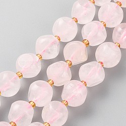 Natural Madagascar Rose Quartz Beads Strands, with Seed Beads, Six Sided Celestial Dice, Faceted, 10~10.5x10~10.5mm, Hole: 1mm, about 17pcs/strand, 7.99 inch(20.3cm)(G-A030-B35-10mm-A)