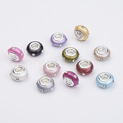 Resin European Beads, with Brass Core and Rhinestones, Rondelle, Large Hole Beads, Platinum, Mixed Color, 14x8mm, Hole: 4.5mm(RPDL-P001-M)