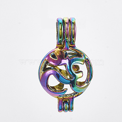 (Holiday Stock-Up Sale)Plated Alloy Bead Cage Pendants, Round with Yoga/Om Symbol Pattern, Colorful, 25x14x10.5mm, Hole: 4x4.5mm, Inner Measure: 11mm(PALLOY-S119-008)