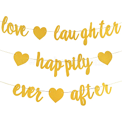 Glitter Word Love Laughter and Happily Ever After Paper Hanging Banner, with Random Color Pin, for Wedding Engagement Decorations, Gold, 87~140x112~205x0.2mm, Hole: 4mm(AJEW-WH0413-45)