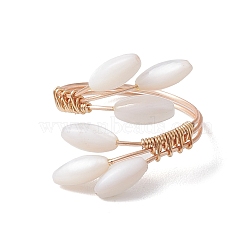 Copper Wire Wrapped Dyed Natural Shell Cuff Rings for Women, Leaf, Light Gold, Inner Diameter: 18mm(RJEW-TA00138)