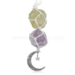 Natural Raw Amethyst & Citrine Pendant Decoration, Cord Macrame Car Hanging Ornament, with Alloy Moon & Star, 120mm(HJEW-WH0043-21C)