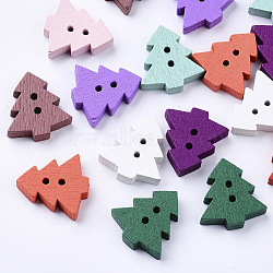 2-Hole Spray Painted Wooden Buttons, Christmas Tree, Mixed Color, 18x17x4mm, Hole: 1.5mm(BUTT-T007-010B-01)