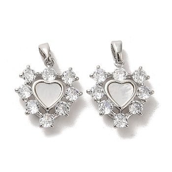 Brass Micro Pave Cubic Zirconia Pendants, with Shell, Heart, Platinum, 17x16x5mm, Hole: 5x3mm