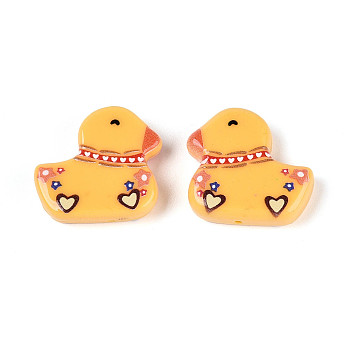 Printed Opaque Resin Beads, Duck with Heart & Star Pattern, Gold, 21x22~22.5x6mm, Hole: 1.2mm