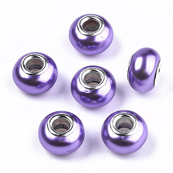 Imitation Pearl Style Resin European Beads, Large Hole Rondelle Beads, with Silver Tone Brass Double Cores, Dark Violet, 14x9mm, Hole: 5mm