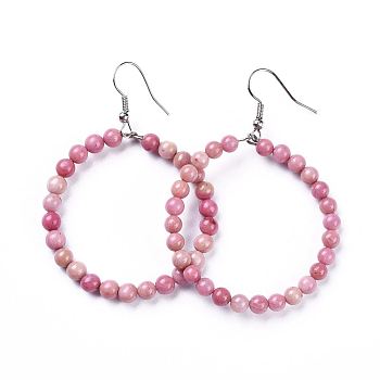 Natural Rhodochrosite Dangle Earrings, with Stainless Steel Hook, Ring, 60~61x44mm, Pin: 0.6mm