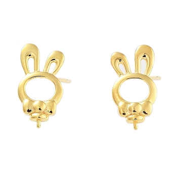 925 Sterling Silver Stud Earrings Findings, Rabbit with Bowknot , Real 18K Gold Plated, 15x8mm, Pin: x11mm and 0.6mm