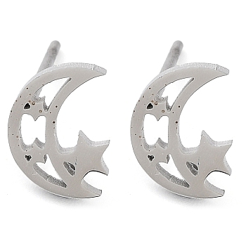 304 Stainless Steel Stud Earrings, Stainless Steel Color, Moon, 9.5x7mm