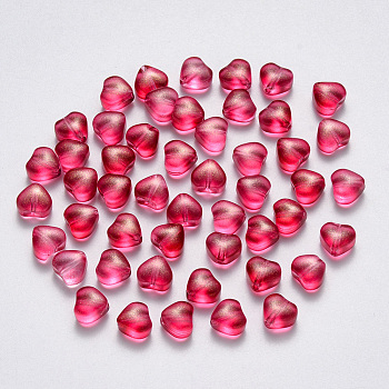 Transparent Spray Painted Glass Beads, with Glitter Powder, Heart, Cerise, 6x6x4mm, Hole: 0.7mm