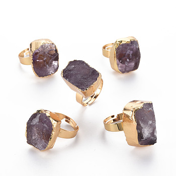 Adjustable Natural Amethyst Finger Rings, Wide Band Rings, with Brass Findings, Oval, Golden, US Size 8(18.1mm)