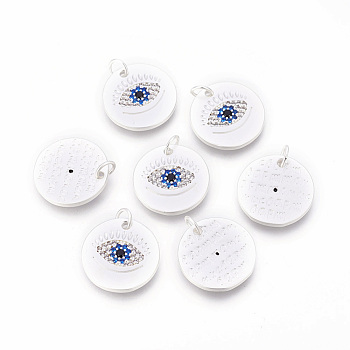 Brass Micro Pave Cubic Zirconia Pendants, Flat Round with Eye, Colorful, Matte Silver, 16.5x1.8mm, Hole: 3~3.5mm