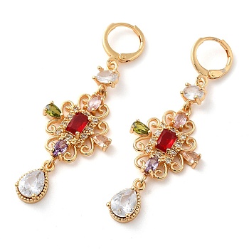 Rack Plating Golden Brass Dangle Leverback Earrings, with Cubic Zirconia, Rhombus, Colorful, 58x19.5mm